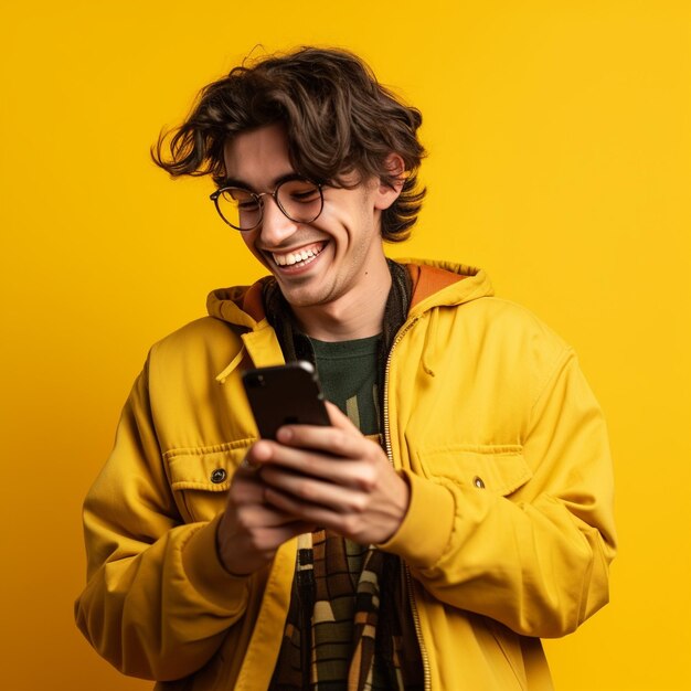 um homem vestindo um casaco amarelo com um casaco Amarelo que diz "ele está sorrindo"