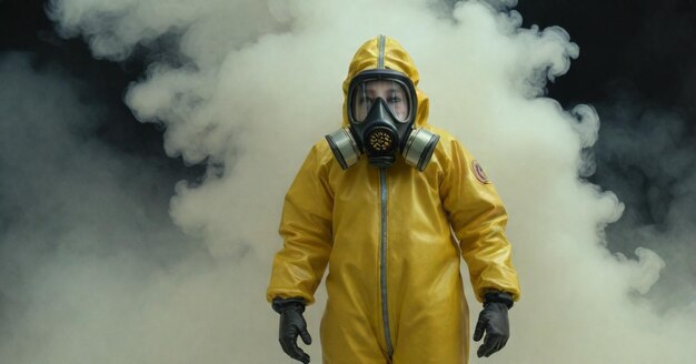 Um homem vestindo um casaco de chuva amarelo e uma máscara de gás