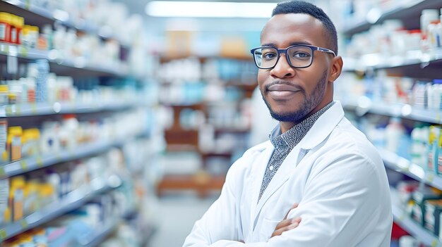 Foto um homem vestindo um casaco de laboratório branco está em um corredor de farmácia ai generativa