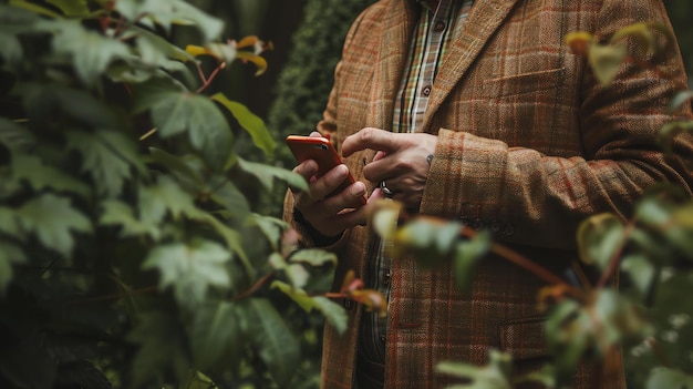 Foto um homem vestindo um casaco de tweed castanho e uma camisa a quadros está segurando um telefone laranja ele está de pé em um jardim e está cercado por folhas verdes