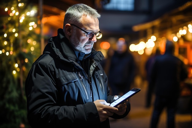 Um homem vestindo um casaco preto e óculos está olhando para seu celular