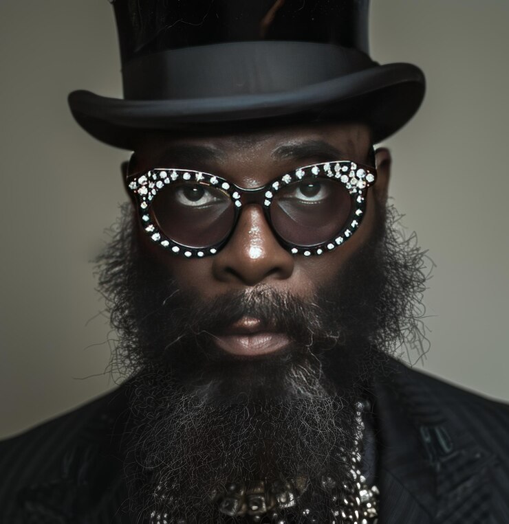 Foto um homem vestindo um chapéu alto com um chapéu preto e óculos