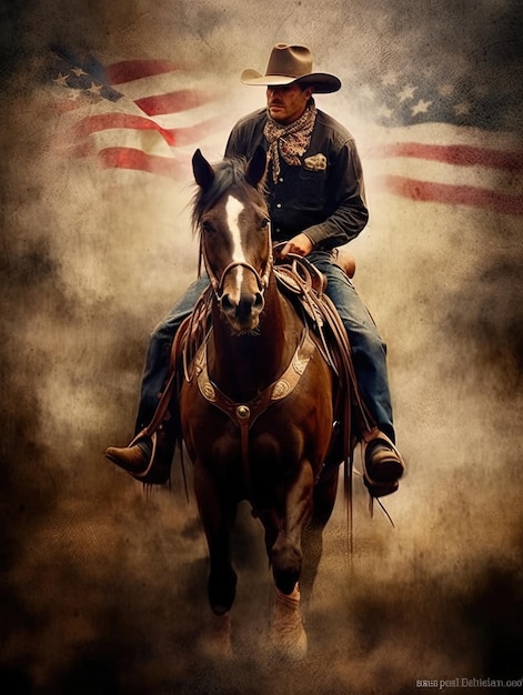 Um homem vestindo um chapéu de cowboy montando um cavalo com uma bandeira americana ao fundo.