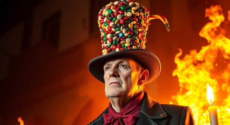 Foto um homem vestindo um chapéu de topo com doces nele