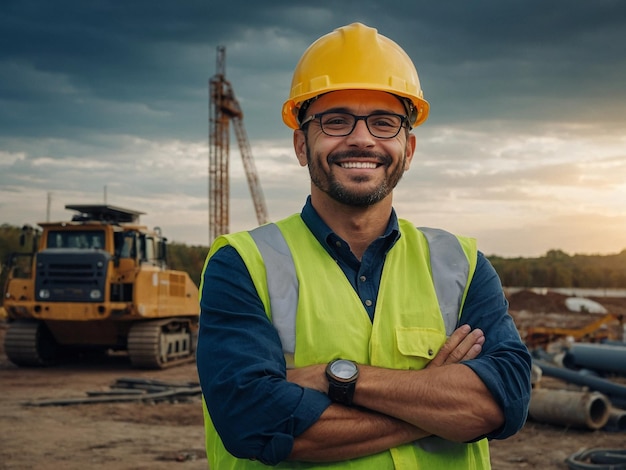 um homem vestindo um chapéu duro está em frente a um local de construção