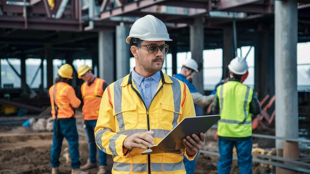 um homem vestindo um chapéu duro está segurando um tablet na frente de um grupo de trabalhadores da construção