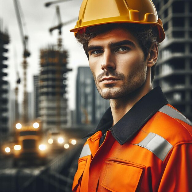 um homem vestindo um chapéu duro laranja está em frente a um edifício com um trabalhador de construção nele