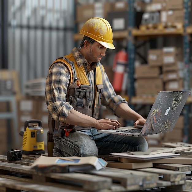 um homem vestindo um chapéu duro senta-se em uma mesa de madeira com um laptop