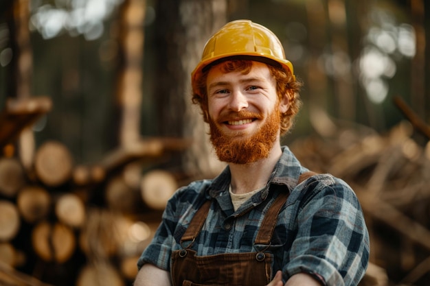 Foto um homem vestindo um chapéu duro sorri na frente de uma pilha de madeira