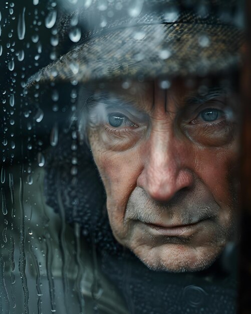 Um homem vestindo um chapéu está olhando através de uma janela com gotas de chuva sobre ele