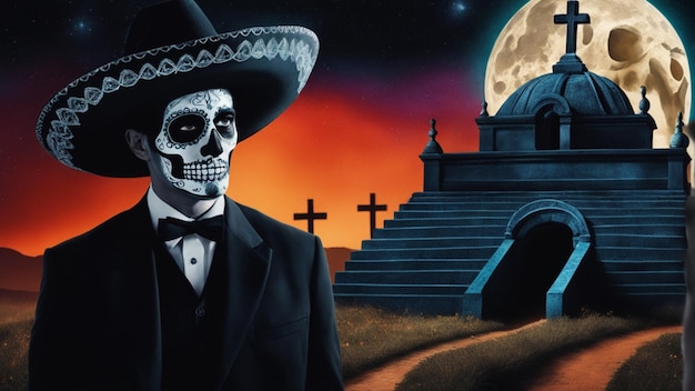 um homem vestindo um chapéu mexicano em um cemitério dia dos mortos fazer o conceito