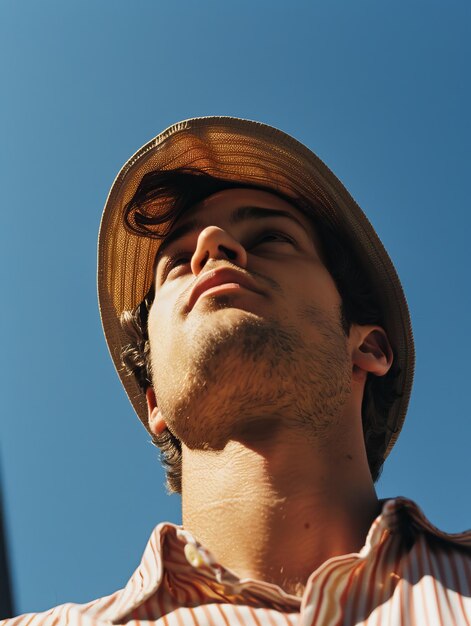 Foto um homem vestindo um chapéu olha para o vasto céu com admiração e contemplação