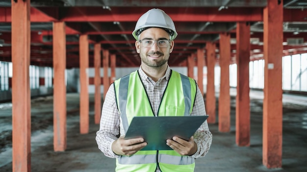 um homem vestindo um colete que diz "ele está segurando um tablet"