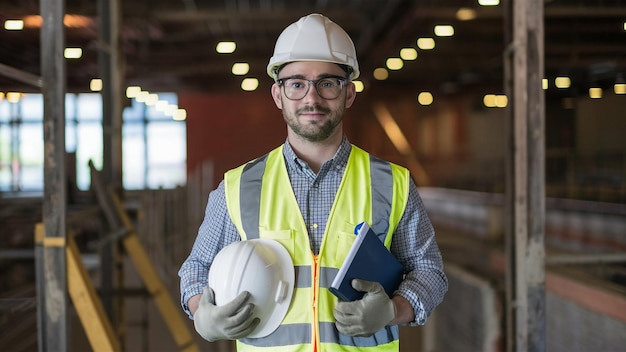 um homem vestindo um colete que diz "ele está vestindo um vestido de construção"