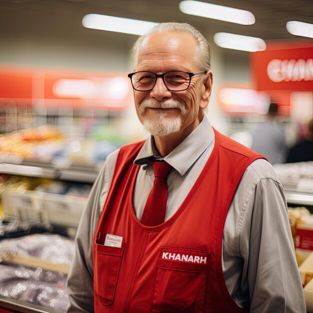 Um homem vestindo um colete vermelho que diz kom