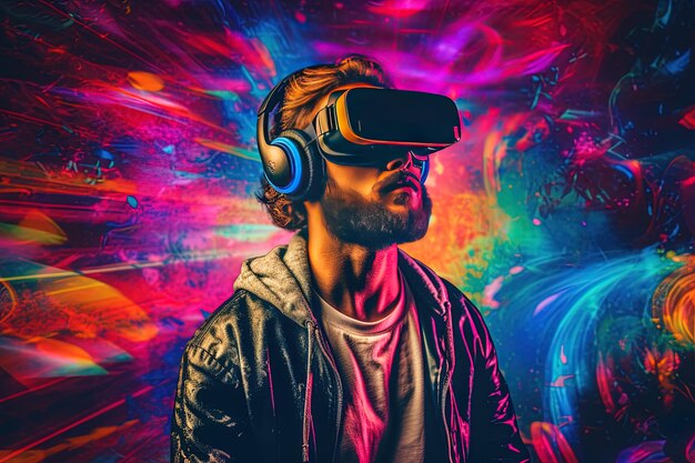 um homem vestindo um fone de ouvido de realidade virtual está vestindo umfone de ouvidos de realidade virtual
