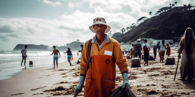 Um homem vestindo um macacão laranja está em uma praia com um balde de lixo na mão.