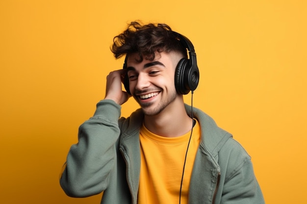 Um homem vestindo um moletom verde está ouvindo música com fones de ouvido.