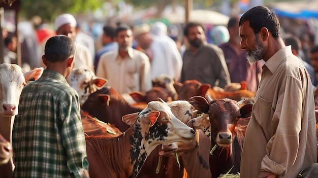 Um homem vestindo um shalwar kameez marrom está de pé em um mercado lotado ele está olhando para uma vaca a vaca está de pé ao lado de uma vaca branca