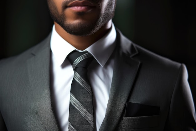 Um homem vestindo um terno cinza e uma gravata com a palavra