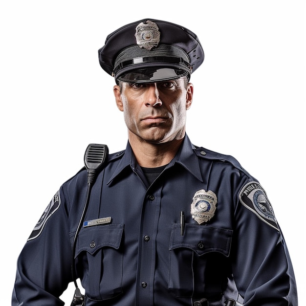 Um homem vestindo um uniforme da polícia e um distintivo que diz "polícia".