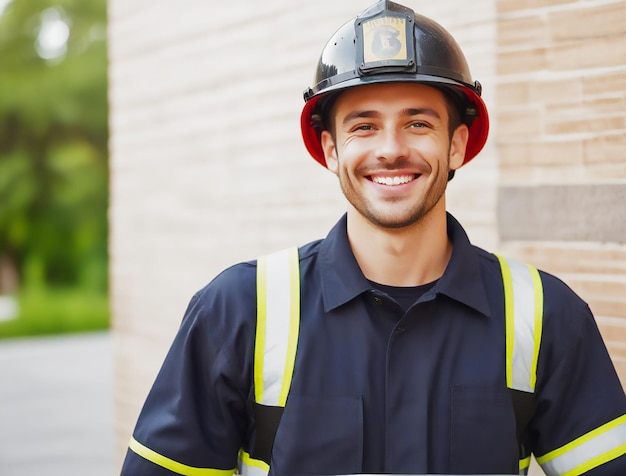 um homem vestindo um uniforme de bombeiro com as letras b em sua camisa