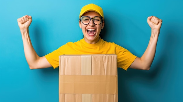 Foto um homem vestindo uma camisa amarela está segurando uma caixa de papelão conceito de serviço de entrega