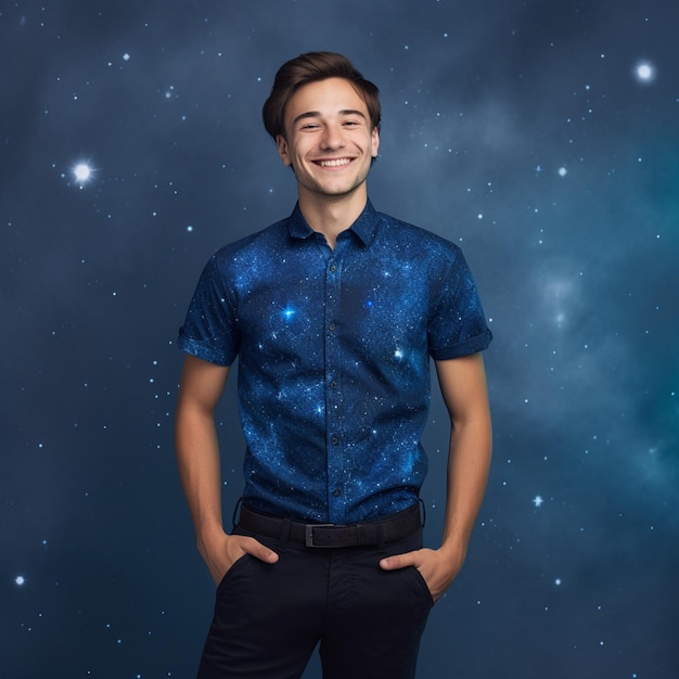Um homem vestindo uma camisa azul com a palavra estrelas