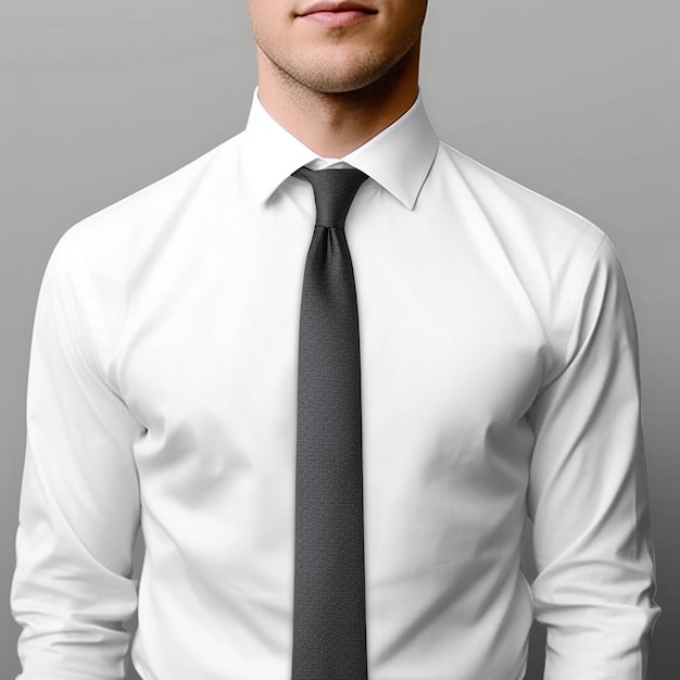 um homem vestindo uma camisa branca com gravata preta.