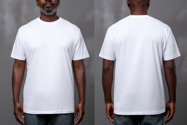 Um homem vestindo uma camisa branca com uma camiseta branca que diz "t-shirt".