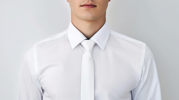 Um homem vestindo uma camisa branca com uma gravata branca.
