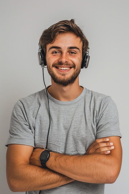 Um homem vestindo uma camisa cinzenta com a palavra "quota"