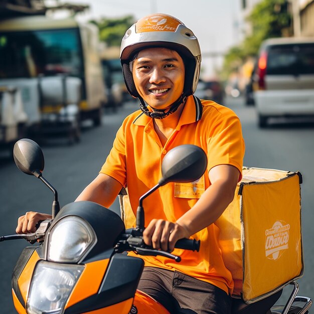 Foto um homem vestindo uma camisa laranja que diz 