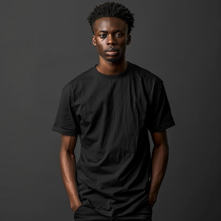 Foto um homem vestindo uma camisa preta que diz "ele está vestindo uma camisa preta"
