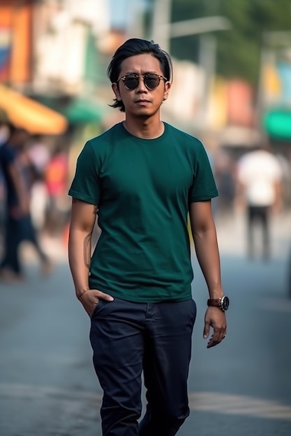 Um homem vestindo uma camisa verde e calça azul caminha por uma rua.