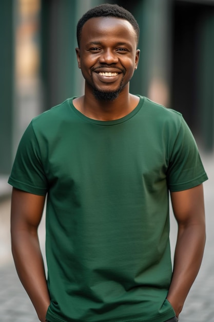 Um homem vestindo uma camisa verde e uma camisa verde sorri.