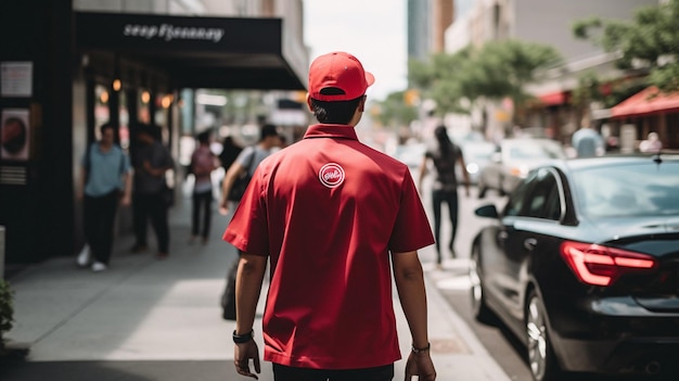 Um homem vestindo uma camisa vermelha com um logotipo vermelho que diz "a marca está nas costas". '