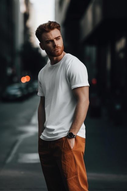 Um homem vestindo uma camiseta branca e calça bege está em uma rua.