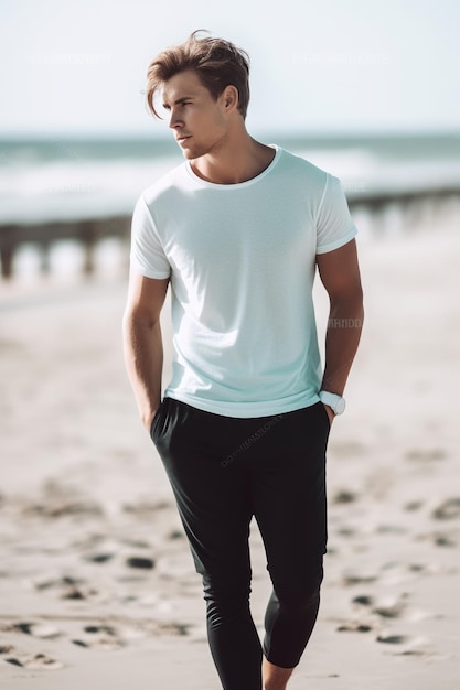 Um homem vestindo uma camiseta branca e calça preta está em uma praia vestindo uma camiseta branca