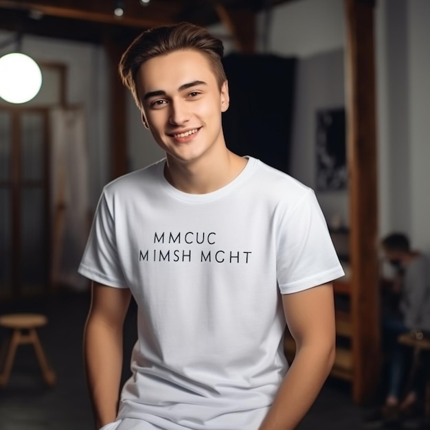 Um homem vestindo uma camiseta branca que diz mmc minim mh.