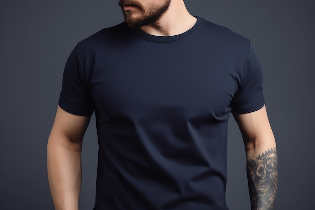 Um homem vestindo uma camiseta preta com um logotipo azul na frente.