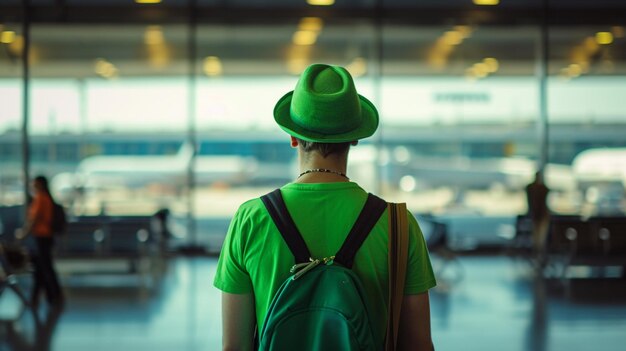 Um homem vestindo uma camiseta verde e um chapéu nas costas estava no aeroporto.
