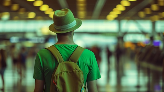 Um homem vestindo uma camiseta verde e um chapéu nas costas estava no aeroporto.