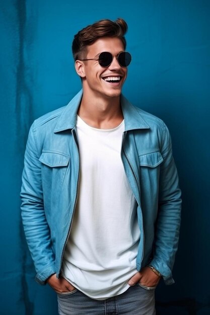Foto um homem vestindo uma jaqueta azul e óculos de sol sorri na frente de uma parede azul