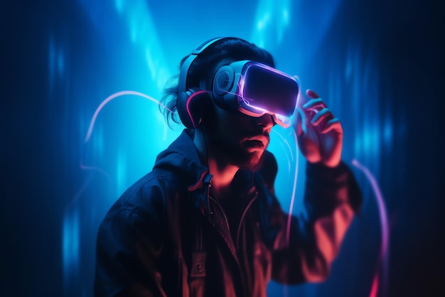 Um homem vestindo uma jaqueta escura e um fone de ouvido vr azul neon está parado em frente a uma parede colorida neon.