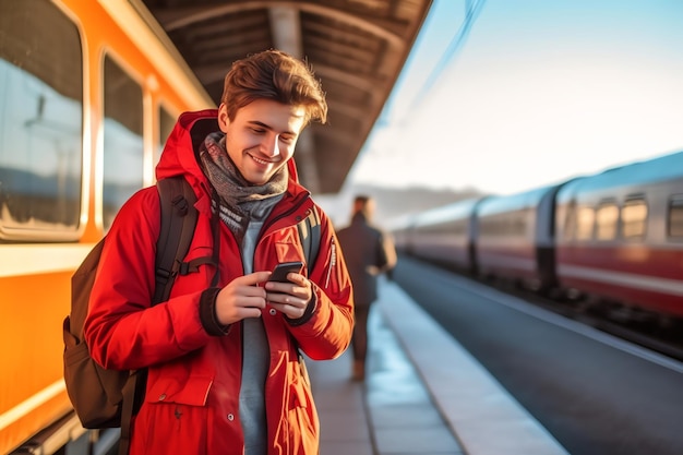 Um homem vestindo uma jaqueta vermelha está em uma plataforma com um trem ao fundo