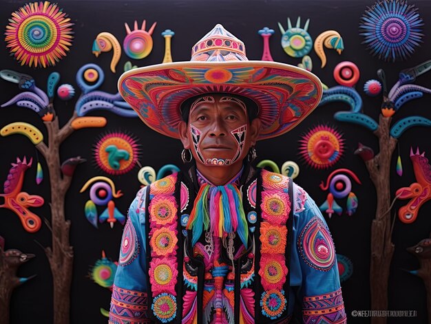 um homem vestindo uma roupa colorida com uma camisa colorida que diz a palavra sobre ele