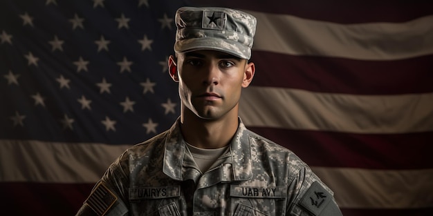 um homem vestindo uniforme do exército americano no fundo da bandeira americana