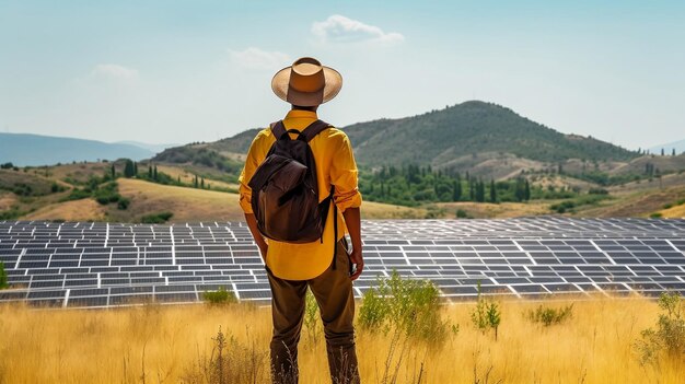 Um homem visita uma fazenda solar admirando a beleza e a escala do projeto