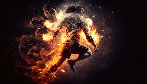 Um homem voando no ar com fogo nas costas